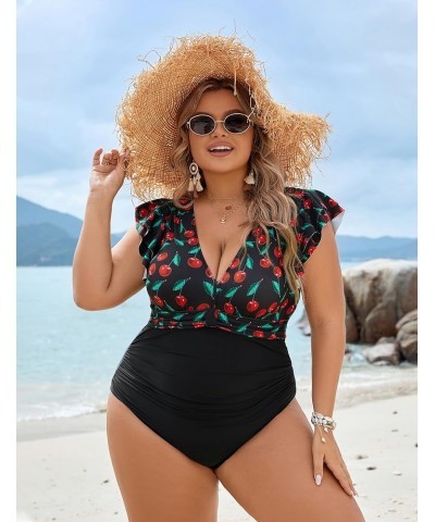 Women's Tummy Control Swimsuit One Piece Full Coverage Plus Size Bathing Suit Retro Ruffle Swimwear Cherry and Black $17.22 S...