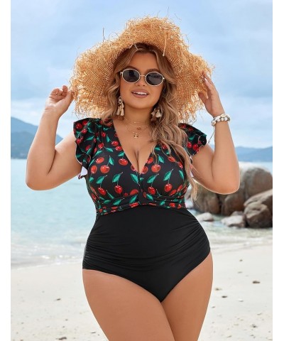 Women's Tummy Control Swimsuit One Piece Full Coverage Plus Size Bathing Suit Retro Ruffle Swimwear Cherry and Black $17.22 S...