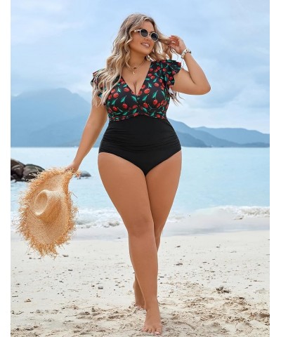 Women's Tummy Control Swimsuit One Piece Full Coverage Plus Size Bathing Suit Retro Ruffle Swimwear Cherry and Black $17.22 S...