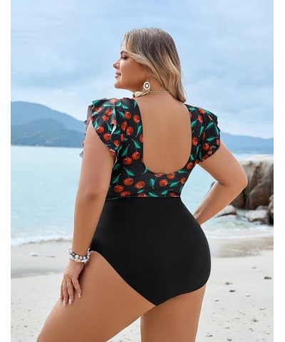 Women's Tummy Control Swimsuit One Piece Full Coverage Plus Size Bathing Suit Retro Ruffle Swimwear Cherry and Black $17.22 S...