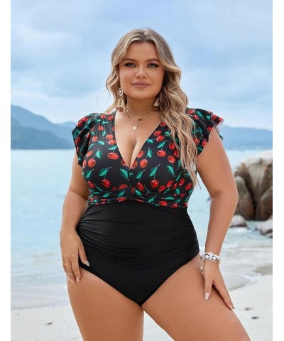 Women's Tummy Control Swimsuit One Piece Full Coverage Plus Size Bathing Suit Retro Ruffle Swimwear Cherry and Black $17.22 S...