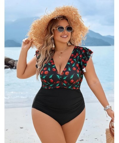 Women's Tummy Control Swimsuit One Piece Full Coverage Plus Size Bathing Suit Retro Ruffle Swimwear Cherry and Black $17.22 S...