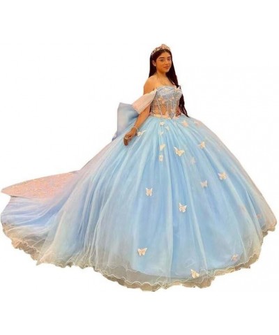 Cute 3D Butterfly on Lace Flower Embroidery Ball Gown Quinceanera Prom Dresses with Strap Sweet 16 Dress Y4/Baby Blue $77.14 ...