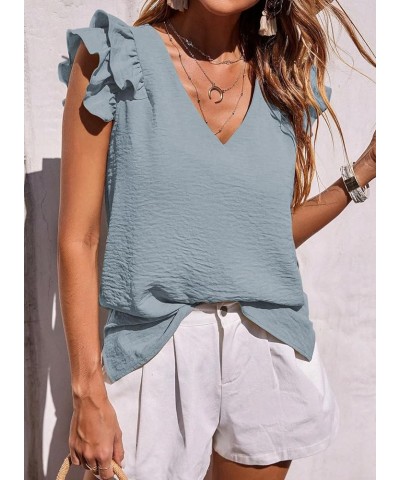 Summer Tank Top for Women V Neck Casual Loose Flowy Flutter Sleeveless Shirts Blouse Blue $12.47 Tanks