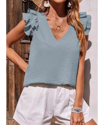 Summer Tank Top for Women V Neck Casual Loose Flowy Flutter Sleeveless Shirts Blouse Blue $12.47 Tanks