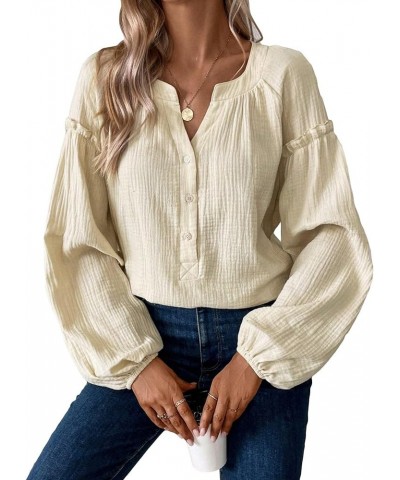 Women's Casual Shirt Notched Neckline Lantern Sleeve Button Front Blouse Apricot $17.39 Blouses