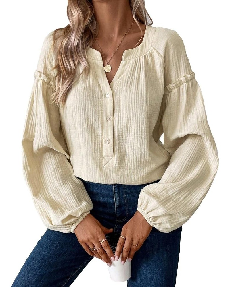 Women's Casual Shirt Notched Neckline Lantern Sleeve Button Front Blouse Apricot $17.39 Blouses