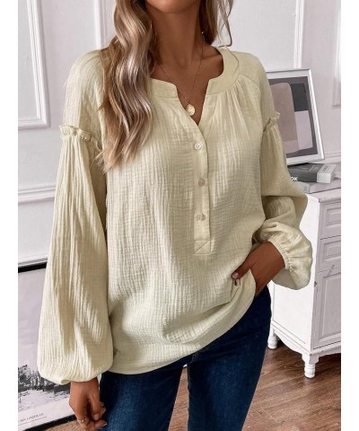 Women's Casual Shirt Notched Neckline Lantern Sleeve Button Front Blouse Apricot $17.39 Blouses