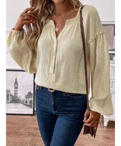 Women's Casual Shirt Notched Neckline Lantern Sleeve Button Front Blouse Apricot $17.39 Blouses