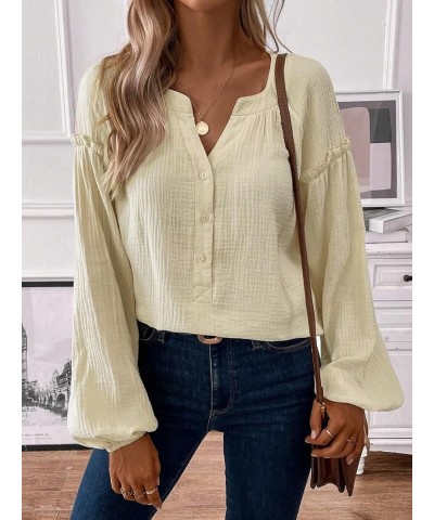 Women's Casual Shirt Notched Neckline Lantern Sleeve Button Front Blouse Apricot $17.39 Blouses