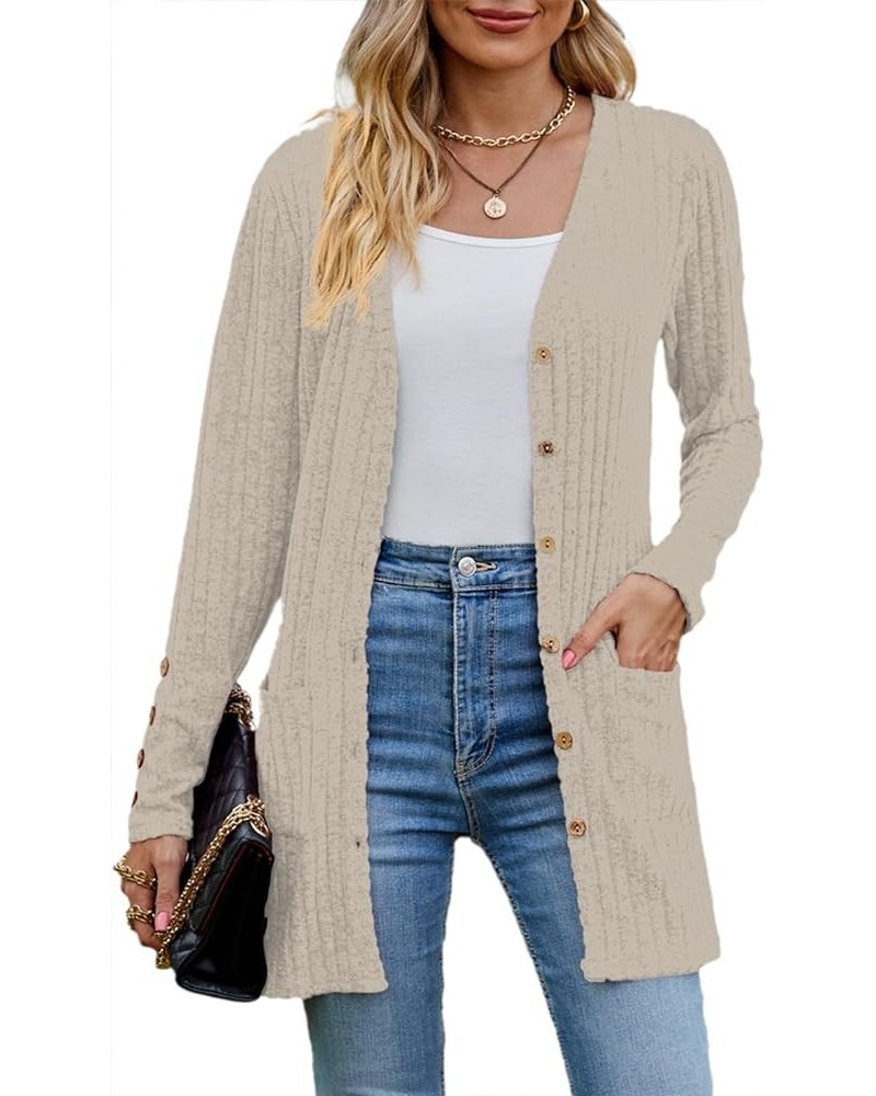 Womens Cardigan Sweater Long Sleeve Lightweight Open Front Button Closure Fall Cardigans for Women Casual with Pockets B3-kha...