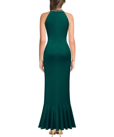 Women's Elegant Halter Rhinestones Neck Ruffle Split Mermaid Evening Cocktail Maxi Dress Dark Green $31.26 Dresses