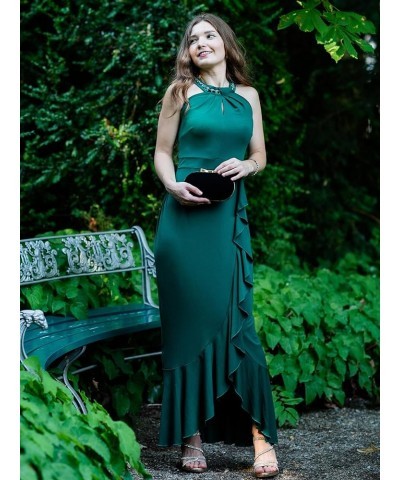 Women's Elegant Halter Rhinestones Neck Ruffle Split Mermaid Evening Cocktail Maxi Dress Dark Green $31.26 Dresses