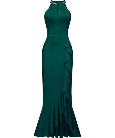 Women's Elegant Halter Rhinestones Neck Ruffle Split Mermaid Evening Cocktail Maxi Dress Dark Green $31.26 Dresses