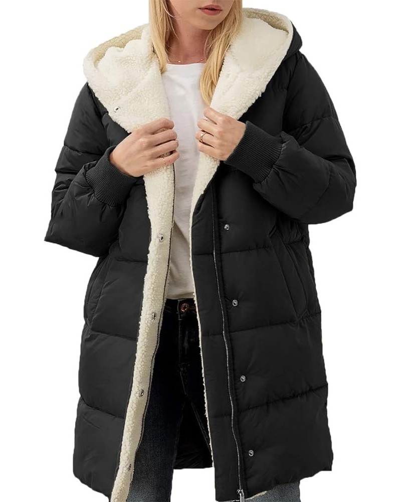 Womens Winter Warm Coats Sherpa Fleece Lined Long Hooded Puffer Jacket Black $42.11 Jackets