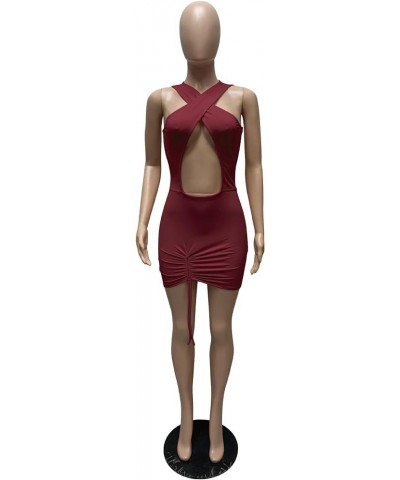 Womens Sexy Criss Cross Dress Ruched Bodycon Cut Out Dress Drawstring Mini Dress Clubwear A-winered $12.60 Others