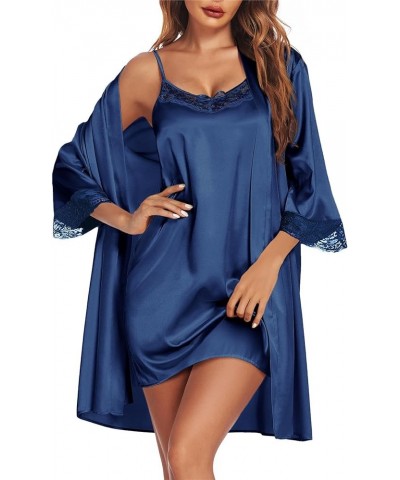 Sleepwear Women's Satin Nightgown with Robes Set 2 Piece Sexy Lace Cami Nightwear Navy Blue $22.68 Robes