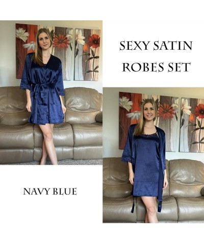 Sleepwear Women's Satin Nightgown with Robes Set 2 Piece Sexy Lace Cami Nightwear Navy Blue $22.68 Robes