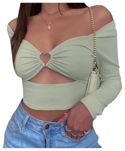 Off The Shoulder Tops for Women Sexy Long Sleeve Striped Shirt Goth Aesthetic Slim Fit Halter Neck Crop Top Green-cutout $8.1...