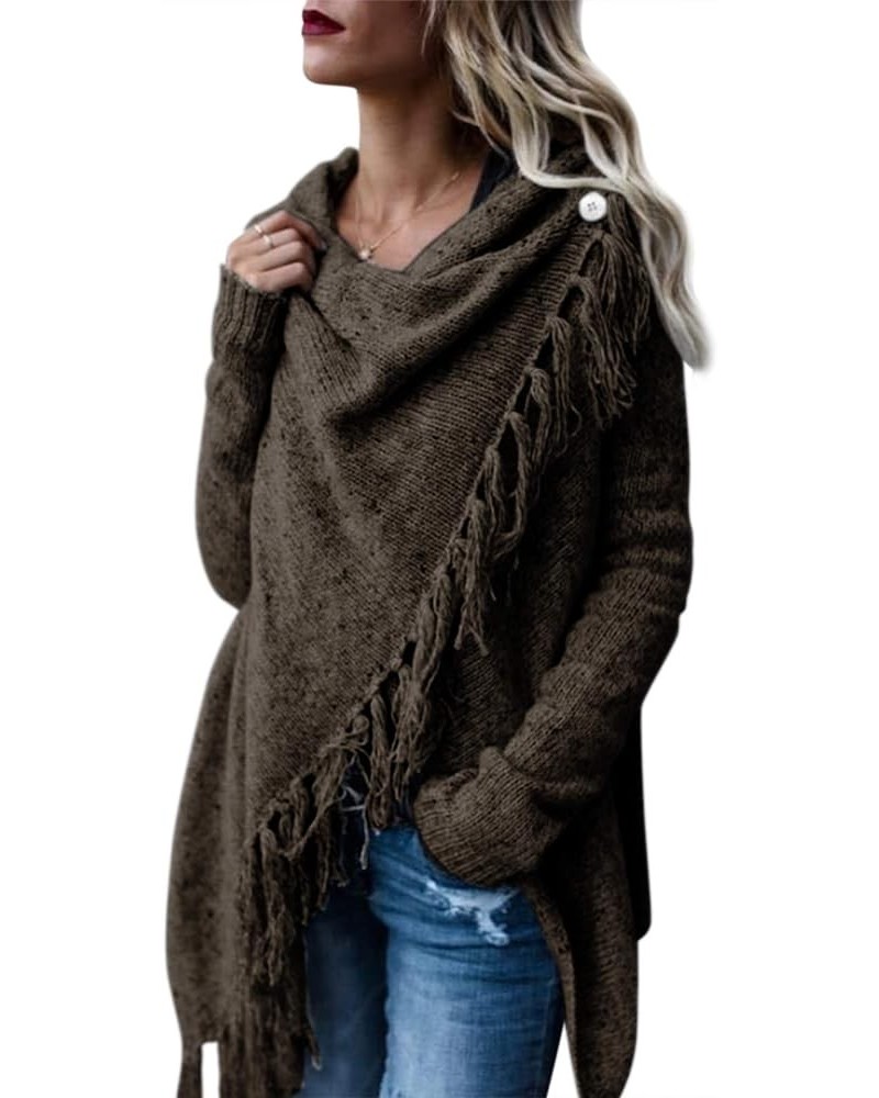 Women's Open Front Tassel Cardigan Sweater Poncho Fringe Knit Striped Long Sleeve Loose Outwear Coat Brown With Colorful Flec...