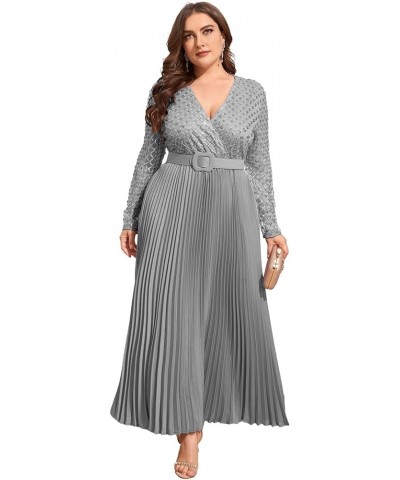 Women's Deep V-Neck Plus Size Evening Party Maxi Dress with Long Sleeves Gray $14.70 Dresses