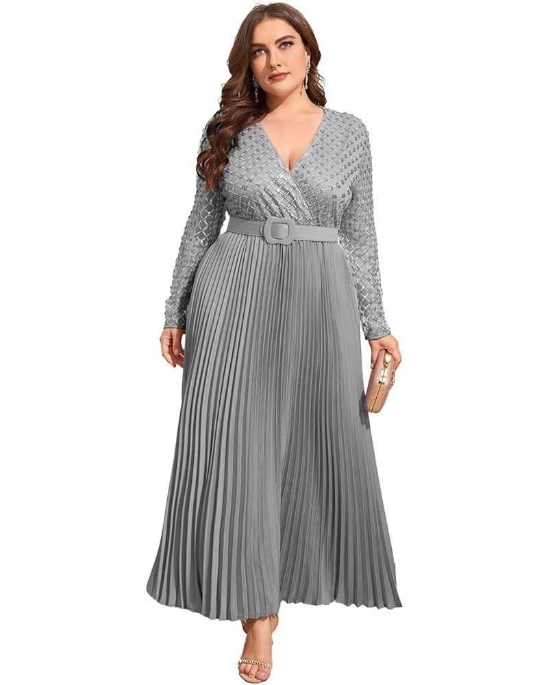 Women's Deep V-Neck Plus Size Evening Party Maxi Dress with Long Sleeves Gray $14.70 Dresses