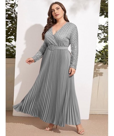 Women's Deep V-Neck Plus Size Evening Party Maxi Dress with Long Sleeves Gray $14.70 Dresses