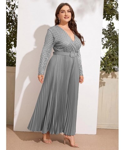 Women's Deep V-Neck Plus Size Evening Party Maxi Dress with Long Sleeves Gray $14.70 Dresses