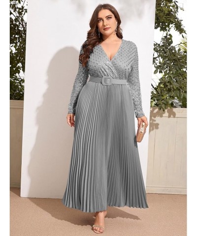 Women's Deep V-Neck Plus Size Evening Party Maxi Dress with Long Sleeves Gray $14.70 Dresses