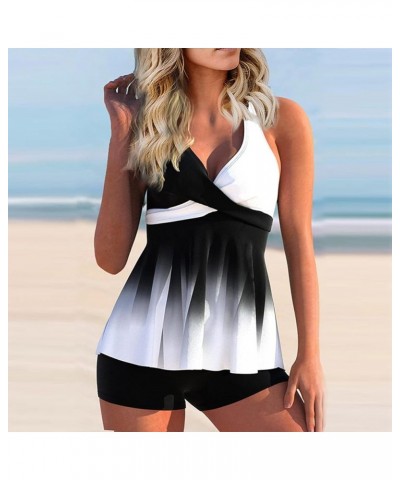 Plus Size Swimsuit for Women Cross Neck Two Piece Tankini Bathing Suits Stripes Swimwear with Short Flowy Tank 01-white $11.0...