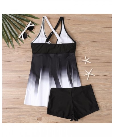 Plus Size Swimsuit for Women Cross Neck Two Piece Tankini Bathing Suits Stripes Swimwear with Short Flowy Tank 01-white $11.0...