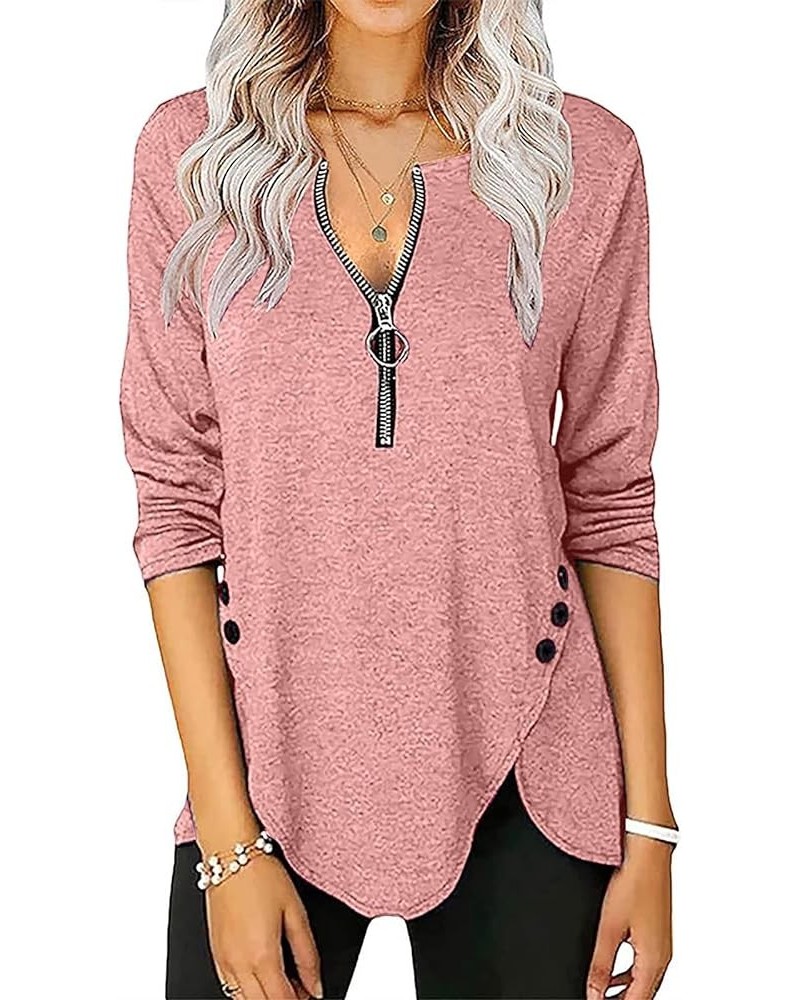 Womens Tunic Tops Fashion Solid Color Zipper Shirts Long Sleeve V-Neck Button Trim Blouse Pullover B-pink $11.00 Tops