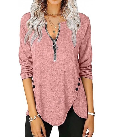 Womens Tunic Tops Fashion Solid Color Zipper Shirts Long Sleeve V-Neck Button Trim Blouse Pullover B-pink $11.00 Tops