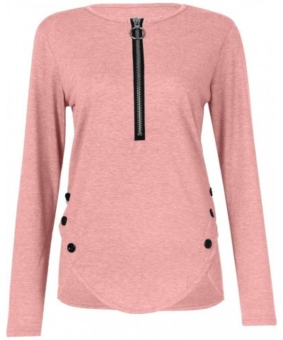 Womens Tunic Tops Fashion Solid Color Zipper Shirts Long Sleeve V-Neck Button Trim Blouse Pullover B-pink $11.00 Tops