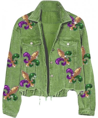 Womens Fleur De Lis Sequin Patches Mardi Gras Jacket Cropped Raw Hem Washed Corduroy Jacket Green $33.62 Jackets
