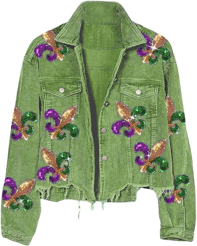 Womens Fleur De Lis Sequin Patches Mardi Gras Jacket Cropped Raw Hem Washed Corduroy Jacket Green $33.62 Jackets