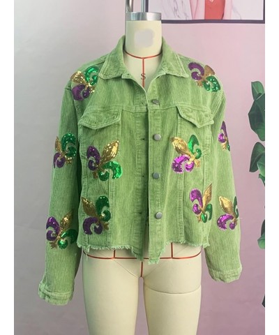 Womens Fleur De Lis Sequin Patches Mardi Gras Jacket Cropped Raw Hem Washed Corduroy Jacket Green $33.62 Jackets