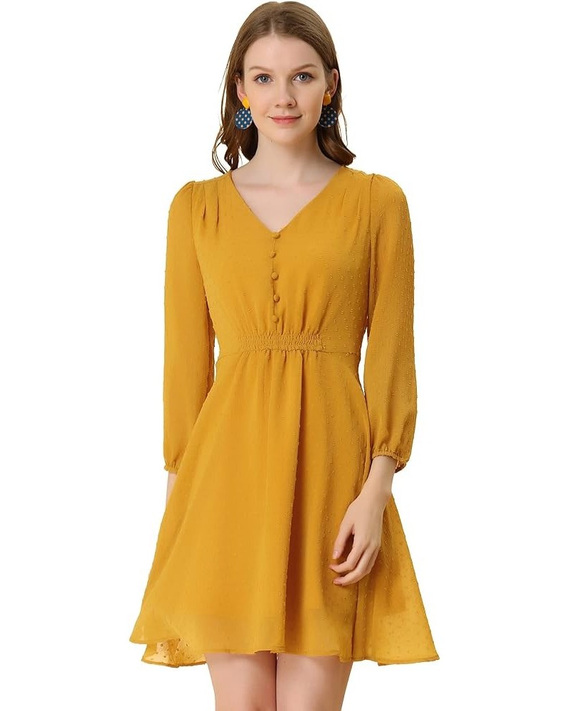 Women's Swiss Dots Elastic Waist 3/4 Sleeve A-line Solid Flowy Chiffon Dress Deep Yellow $13.24 Dresses