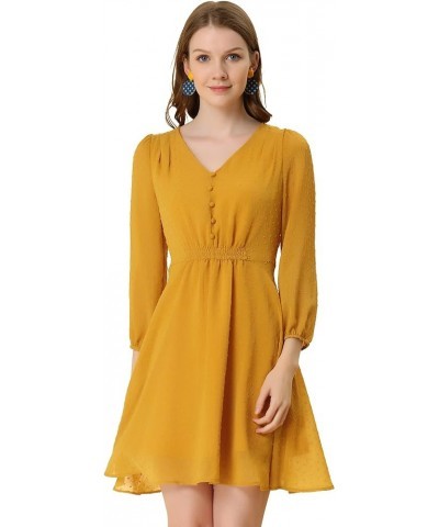 Women's Swiss Dots Elastic Waist 3/4 Sleeve A-line Solid Flowy Chiffon Dress Deep Yellow $13.24 Dresses