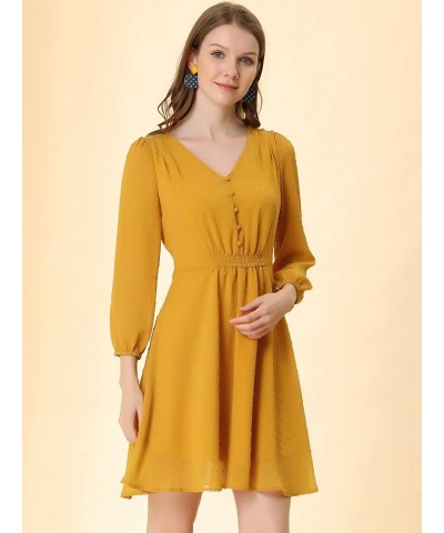 Women's Swiss Dots Elastic Waist 3/4 Sleeve A-line Solid Flowy Chiffon Dress Deep Yellow $13.24 Dresses