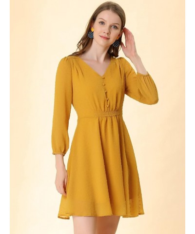 Women's Swiss Dots Elastic Waist 3/4 Sleeve A-line Solid Flowy Chiffon Dress Deep Yellow $13.24 Dresses