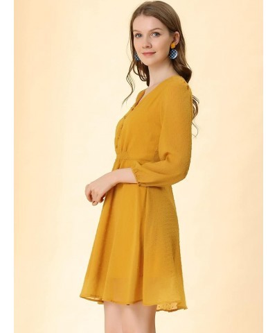 Women's Swiss Dots Elastic Waist 3/4 Sleeve A-line Solid Flowy Chiffon Dress Deep Yellow $13.24 Dresses