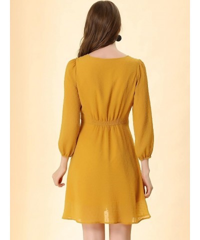 Women's Swiss Dots Elastic Waist 3/4 Sleeve A-line Solid Flowy Chiffon Dress Deep Yellow $13.24 Dresses