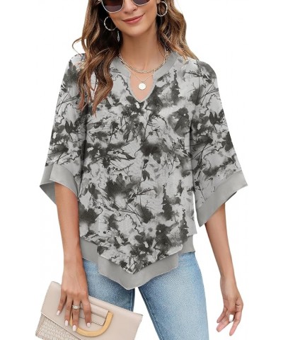 Womens 3/4 Sleeve Chiffon Blouses V Neck Double Layers Mesh Shirts Dressy Flowy Tunic Tops Gray Floral $18.87 Tops