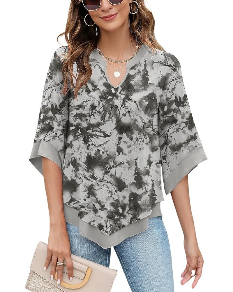 Womens 3/4 Sleeve Chiffon Blouses V Neck Double Layers Mesh Shirts Dressy Flowy Tunic Tops Gray Floral $18.87 Tops