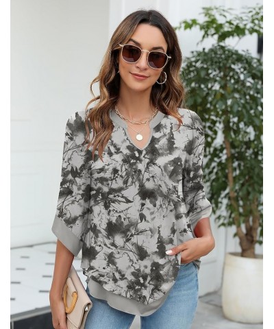 Womens 3/4 Sleeve Chiffon Blouses V Neck Double Layers Mesh Shirts Dressy Flowy Tunic Tops Gray Floral $18.87 Tops