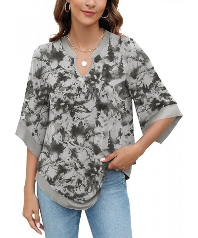 Womens 3/4 Sleeve Chiffon Blouses V Neck Double Layers Mesh Shirts Dressy Flowy Tunic Tops Gray Floral $18.87 Tops