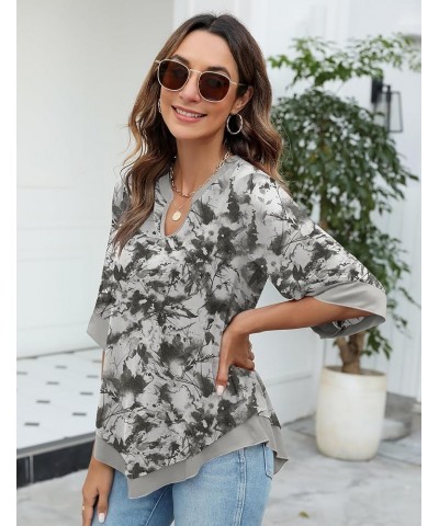 Womens 3/4 Sleeve Chiffon Blouses V Neck Double Layers Mesh Shirts Dressy Flowy Tunic Tops Gray Floral $18.87 Tops