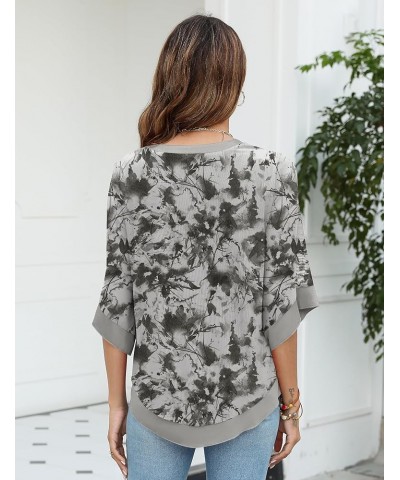 Womens 3/4 Sleeve Chiffon Blouses V Neck Double Layers Mesh Shirts Dressy Flowy Tunic Tops Gray Floral $18.87 Tops