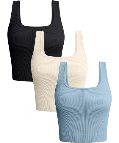 Women's 3 Piece Tank Tops Ribbed Seamless Workout Exercise Shirts Yoga Crop Tops Black Beige Blue $14.00 Activewear